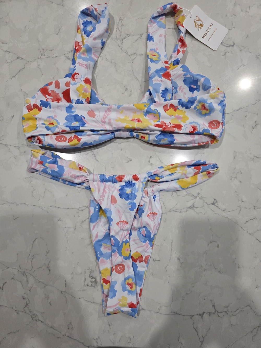 Womens Floral Bandeau Thong Bikini Set - Multicolor